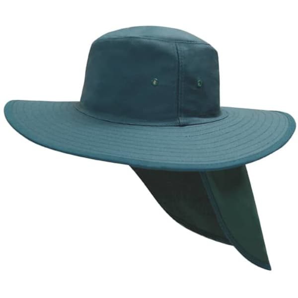 A teal canvas sun hat with a wide brim and neck flap, featuring small decorative details.
