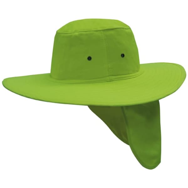 A bright green canvas sun hat with a wide brim and a neck flap, featuring two small ventilation holes.