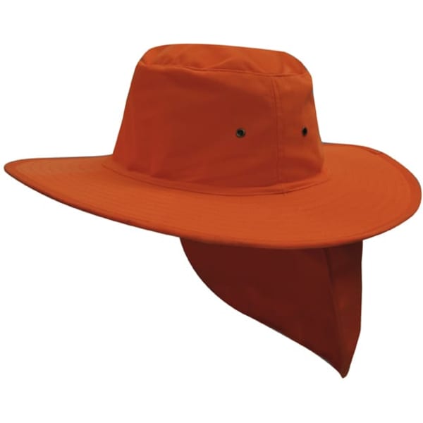 An orange canvas sun hat with a wide brim and neck flap. It features ventilation holes and has a logo.
