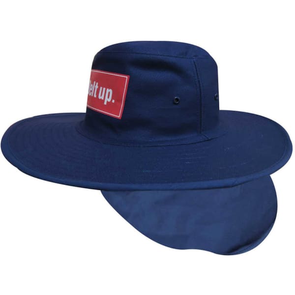 A navy canvas sun hat featuring a wide brim and a neck flap, with a logo on the front.