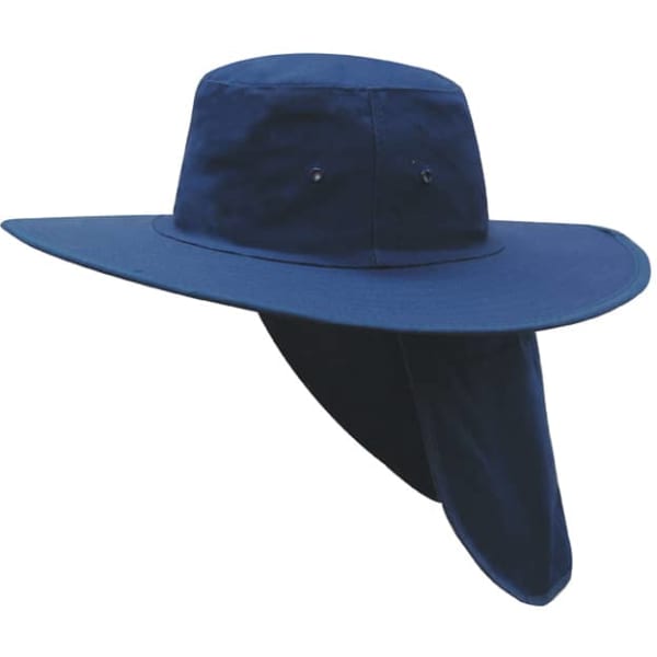 A navy blue canvas sun hat with a wide brim and a neck flap, featuring a logo.