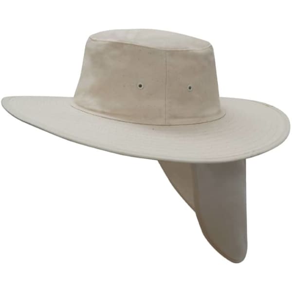 A light beige canvas sun hat with a wide brim and a neck flap, featuring ventilation holes.