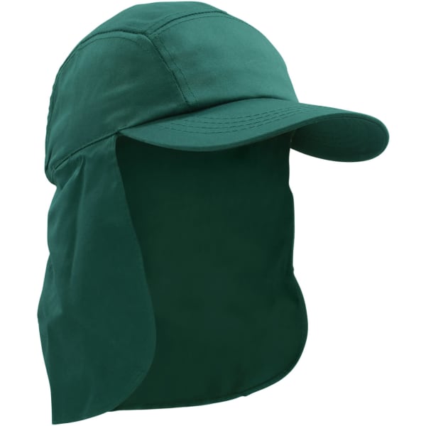 A green Poly Cotton Legionnaire Cap featuring a wide brim and a back flap for sun protection, with a branding logo.