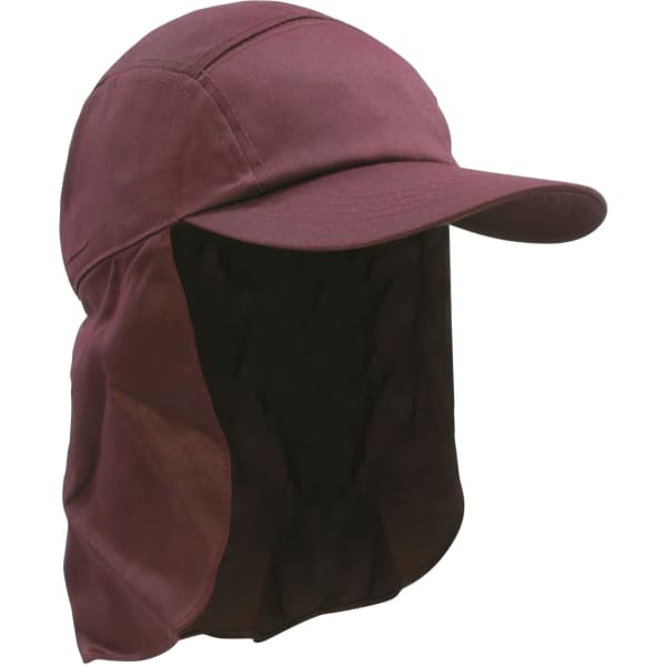 A maroon Poly Cotton Legionnaire Cap with a protective neck flap and a logo on the side.