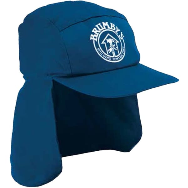 A blue Poly Cotton Legionnaire cap with a flap at the back and a logo on the front.