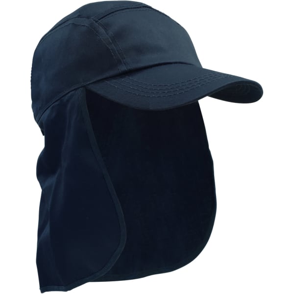 A navy Poly Cotton Legionnaire Cap featuring a wide protective flap at the back and a curved brim.