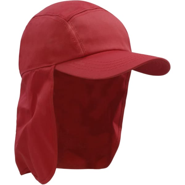 A red Poly Cotton Legionnaire Cap with a wide brim and neck flap, featuring a logo on the front.