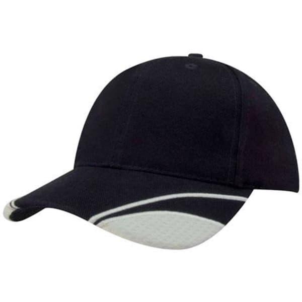 A black cap featuring mesh inserts on the peak and a logo. It has a curved brim and a structured fit.