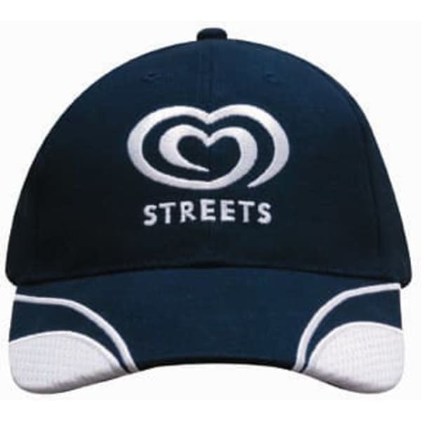 A navy cap featuring mesh inserts on the peak and a logo on the front.