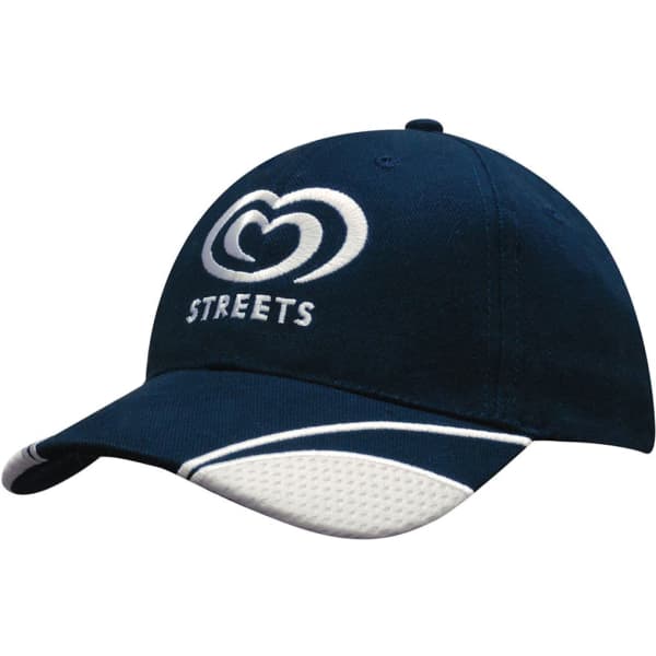 A navy cap with mesh inserts on the peak and a logo on the front. Features white accents.