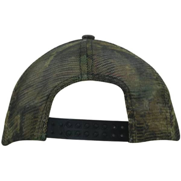 A camouflage cap featuring a camo mesh back, in shades of green and brown, with an adjustable strap.