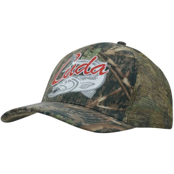 A cap featuring a camouflage pattern in shades of green and brown, with a logo on the front and a mesh back.