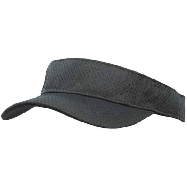 A black sports mesh visor with a wide brim and textured fabric, featuring a logo on the front.