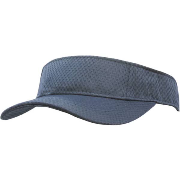 A dark grey sports mesh visor with a wide brim and a textured fabric. It features a branding logo.