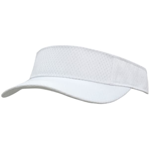 A white sports mesh visor featuring a wide brim and a breathable design, complete with a logo on the band.