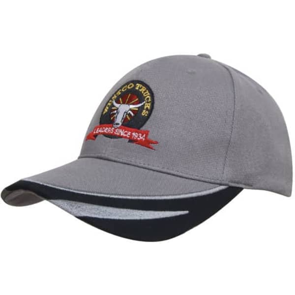 A grey cap featuring a logo and embroidered details, with a peak trim in black and white.
