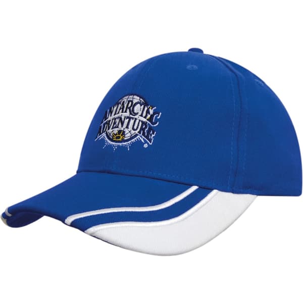 A blue cap with a curved peak and white inserts, featuring a logo on the front.