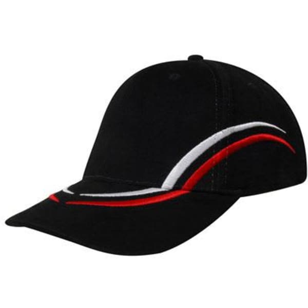 A black cap featuring curved white and red embroidery on the crown and peak, with a logo on the front.