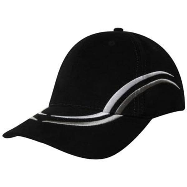 A black brushed heavy cotton cap featuring curved embroidery on the crown and peak, with a logo.