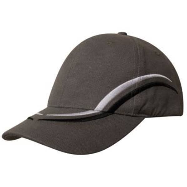 A dark grey cap featuring curved embroidery on the crown and peak, with a logo present.
