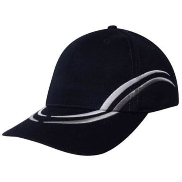 A black cap with curved white embroidery on the crown and peak, featuring a logo.