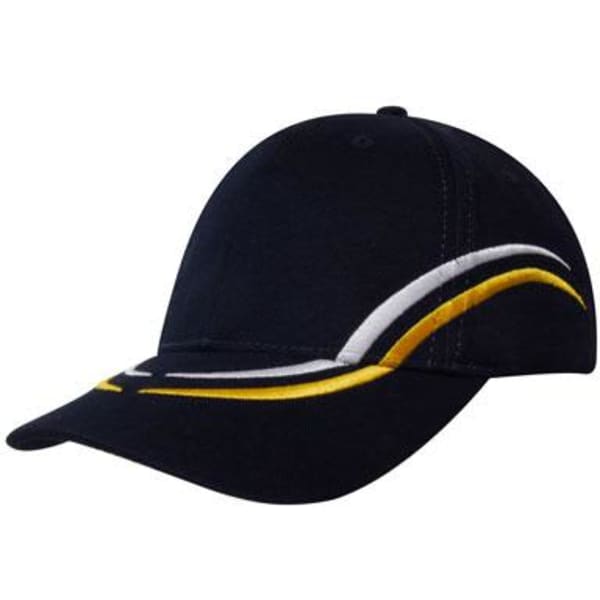A navy cap with curved white and yellow embroidery on the crown and peak, featuring a logo on the side.
