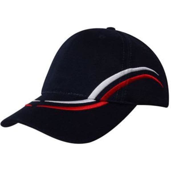 A navy cap featuring curved embroidery in red, white, and black on the crown and peak, with a logo.