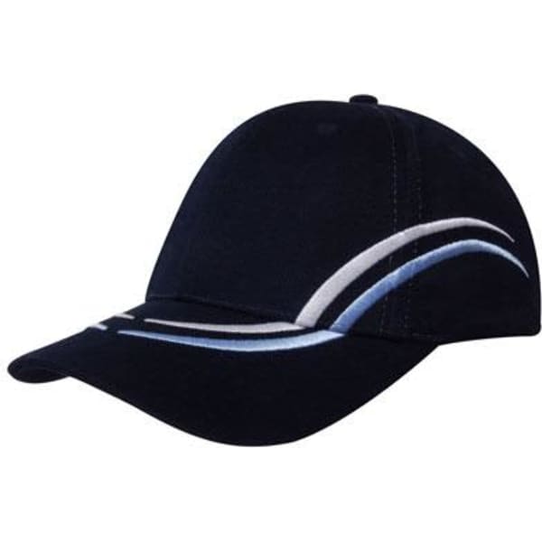 A navy blue cap with curved embroidery on the crown and peak, featuring a logo.