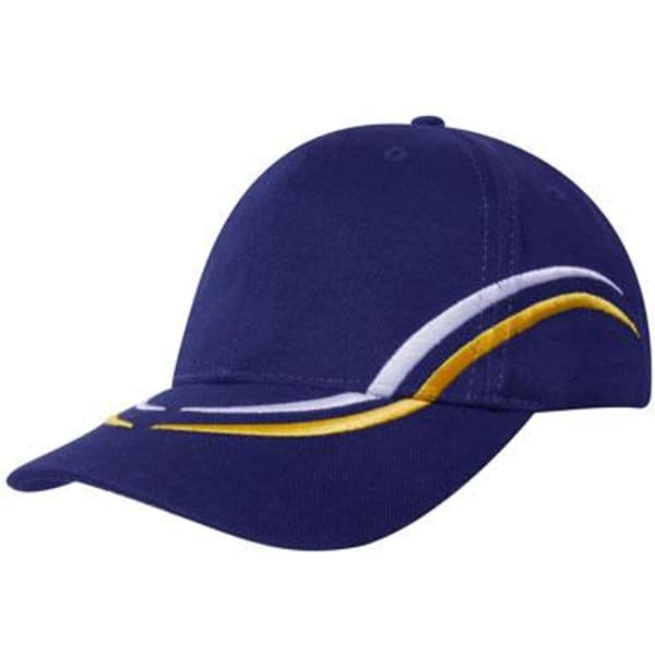 A navy blue cap featuring curved embroidery in white and yellow, with a branding logo on the front.