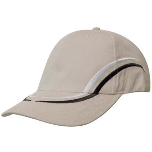 A beige heavy cotton cap with curved embroidery on the crown and peak, featuring a logo.