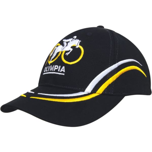 A black cap featuring curved yellow embroidery and a logo on the front and peak.