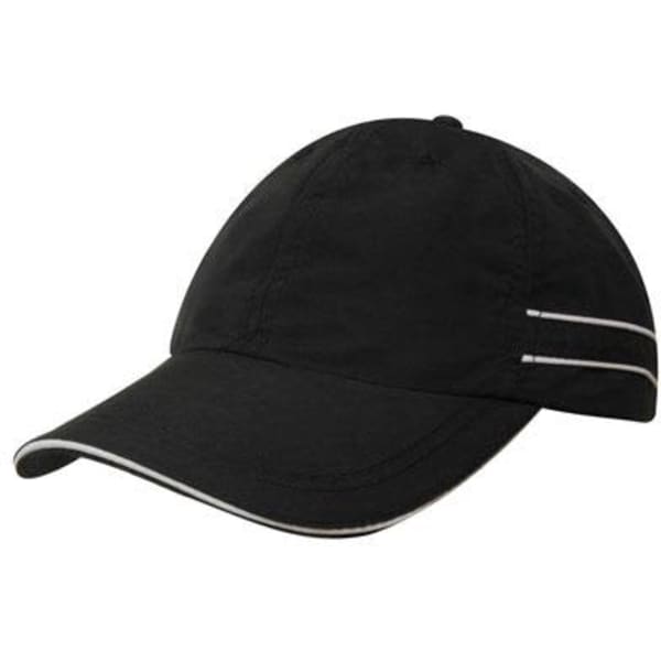 A black microfibre sports cap featuring white piping, with a soft visor and an adjustable strap at the back.