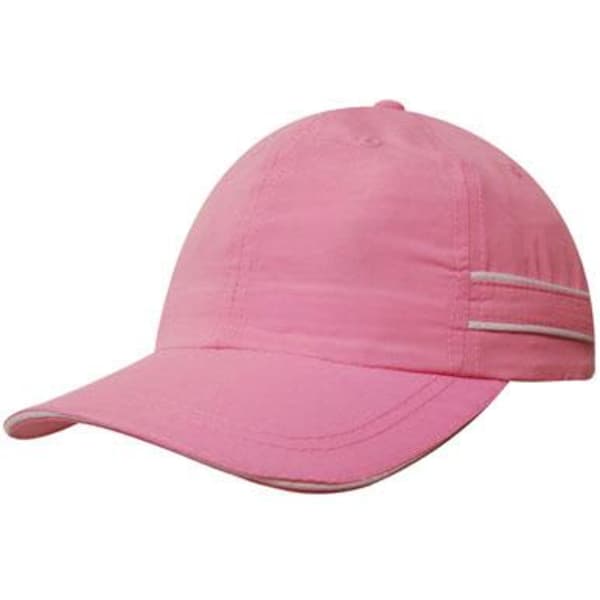 A pink microfibre sports cap featuring piping and a sandwich peak, with a logo on the side.