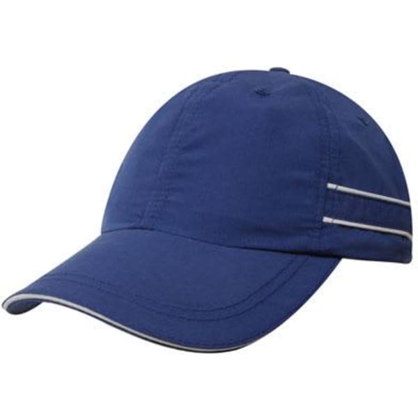 A navy blue microfibre sports cap featuring piping and a sandwich peak. It includes a logo on the side.