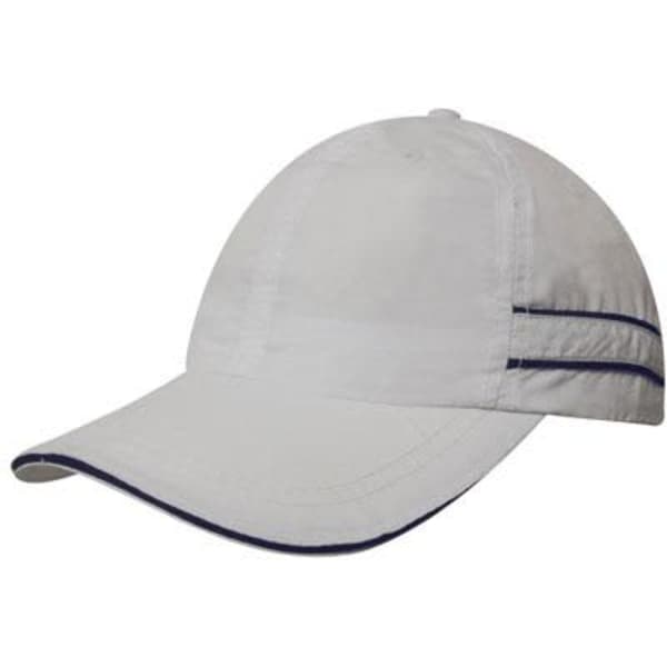 A light grey microfibre sports cap with navy piping and a sandwich peak, featuring a logo on the side.