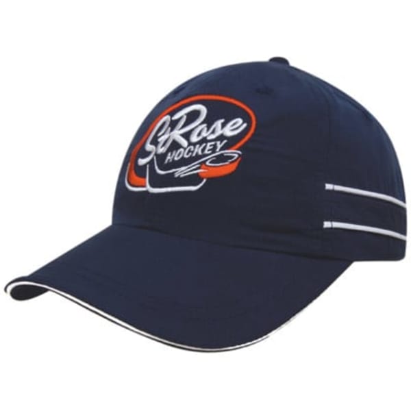 A navy microfibre sports cap with piping details and an embroidered logo, featuring a curved brim.