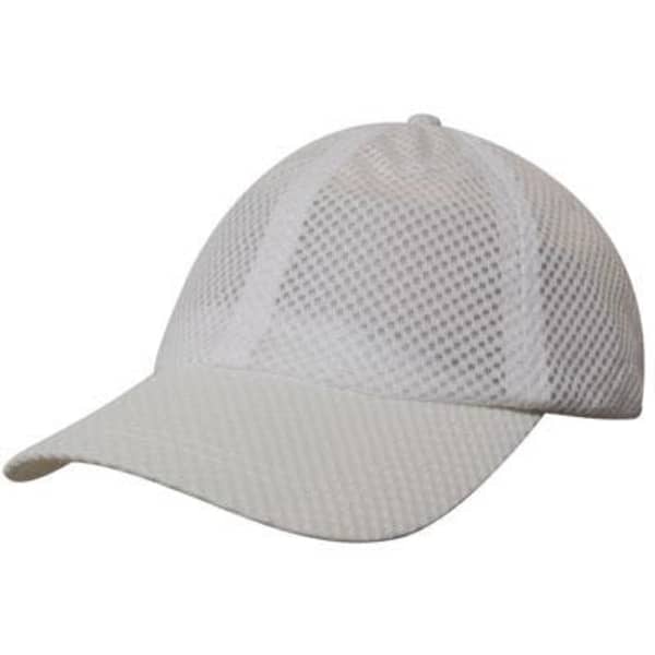 A white sports mesh cap with a curved brim and a breathable design featuring a logo.