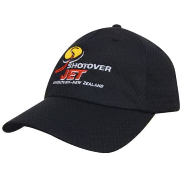 A black cap featuring a logo and embroidered text on the front, made from sports mesh material.