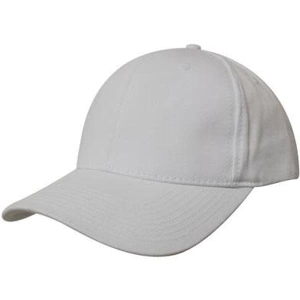 A white Chino Twill cap with a curved brim and a logo on the front. Suitable for casual wear.