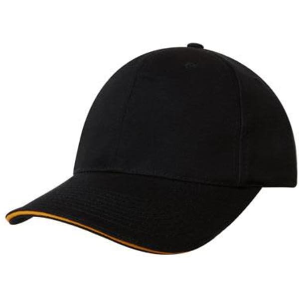 A black cap featuring a sandwich trim in orange, with a curved visor and an adjustable strap at the back.