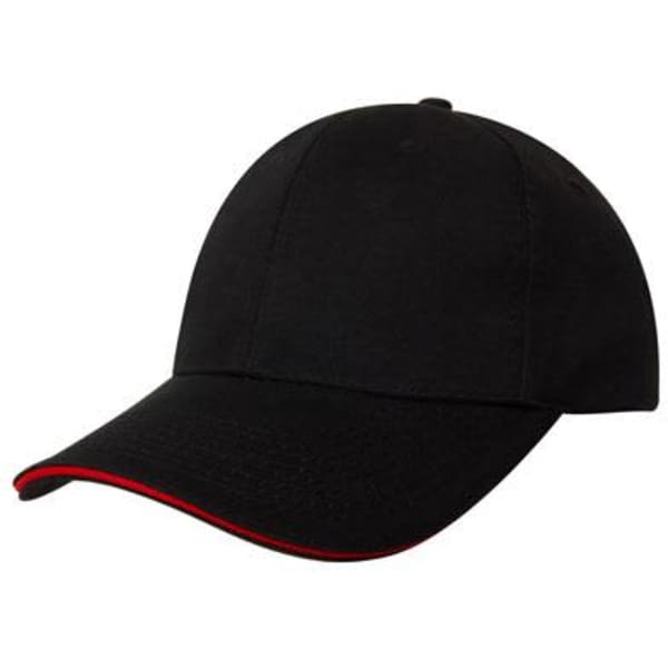 A black cap with a red sandwich trim and a logo on the front.