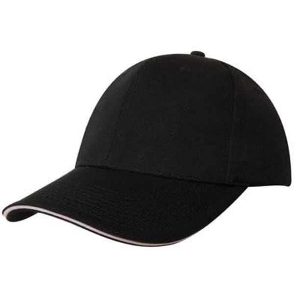 A black Chino Twill cap with a sandwich trim and branding on the front.