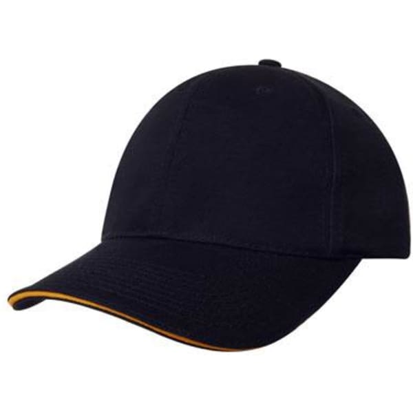 A black cap with sandwich trim, featuring a curved brim and a logo on the front.