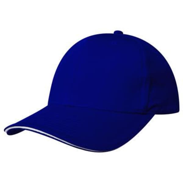 A blue twill cap with sandwich trim and a logo on the front.
