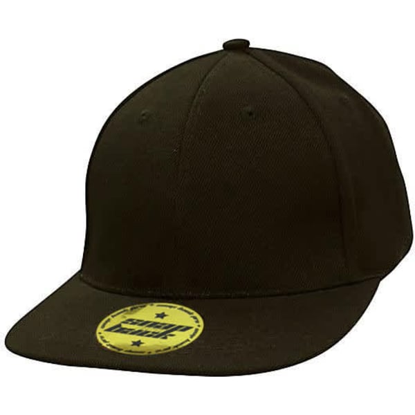 A dark brown snapback cap with a straight peak, featuring a logo on the front.