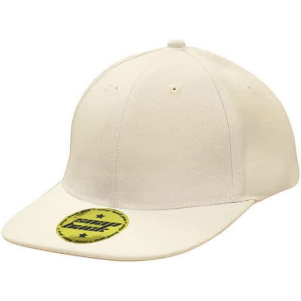A premium cream-coloured twill cap with a snapback and pro styling, featuring a logo.