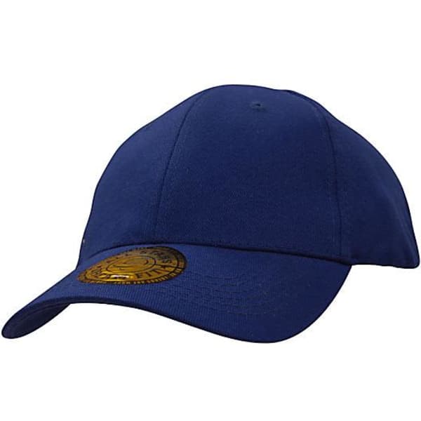 A navy blue cap made from brushed heavy cotton and spandex, featuring a logo on the side.