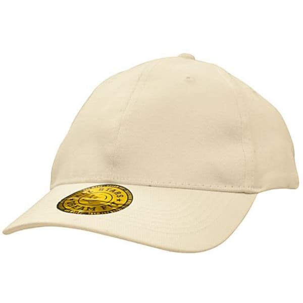 A beige cap made of heavy cotton and spandex, featuring a logo on the front.