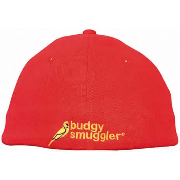 A red cap featuring a logo, made from brushed heavy cotton and spandex with Dream Fit styling.