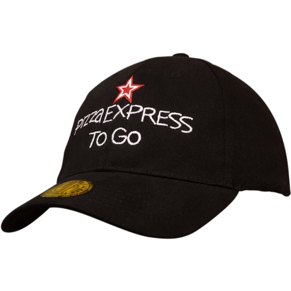 A black cap featuring red embroidery and a logo. The style includes a curved brim and adjustable strap.